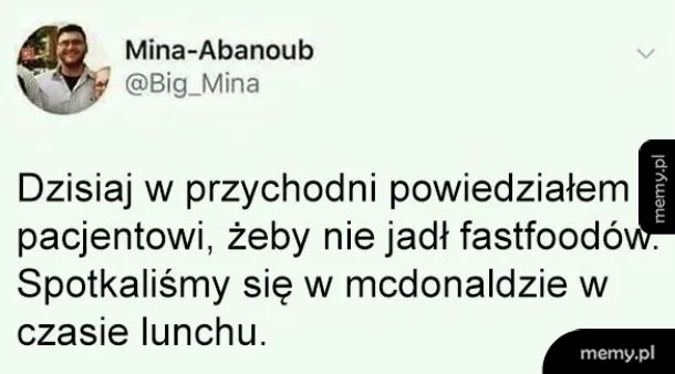 Zrzut ekranu tweeta użytkownika Mina-Abanoub o przychodni i McDonaldzie.