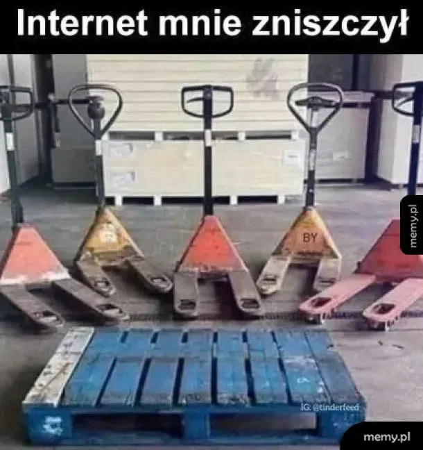 Pięć wózków paletowych i paleta na podłodze