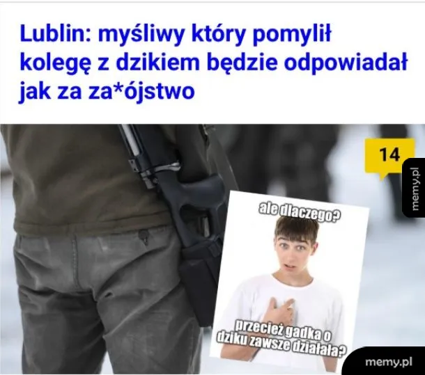 Mężczyzna z bronią i mem o myśliwym z Lublina