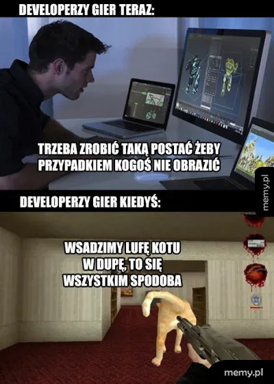 Mem porównujący twórców gier dawniej i dziś na przykładzie gry Postal.