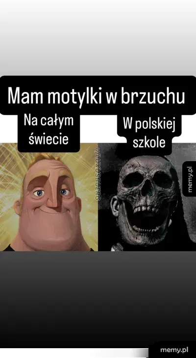 Mem z Mr. Incredibelem zestawiający motylki w brzuchu na świecie i w polskiej szkole.