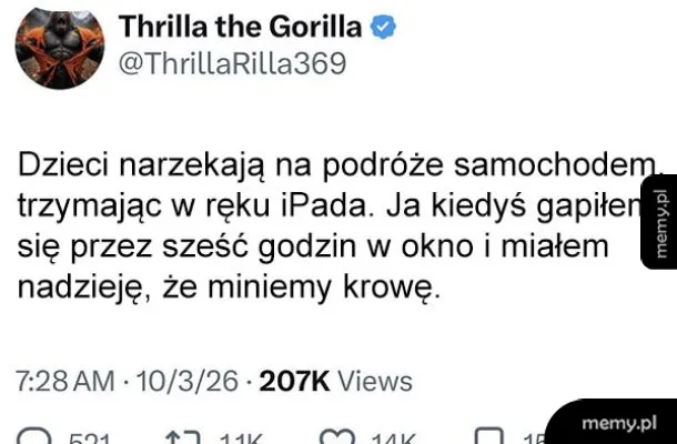 Zrzut ekranu tweeta użytkownika Thrilla the Gorilla o podróżach z dziećmi.