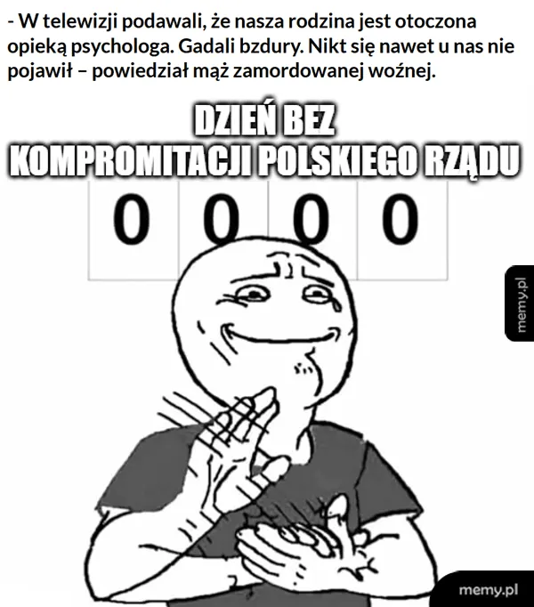 Mem z postacią zacierającą ręce i licznikiem z samymi zerami.