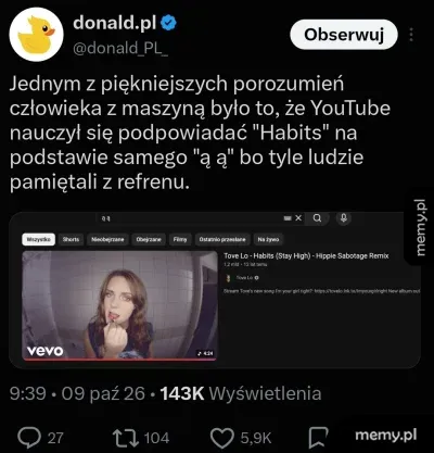 Zrzut ekranu z tweetu portalu donald.pl o wyszukiwaniu piosenki na YouTube za pomocą sylab ą ą