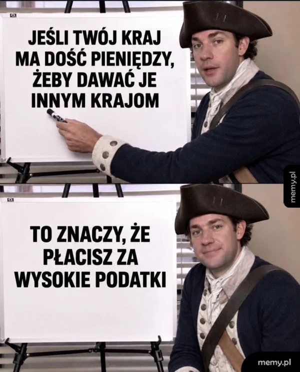 Mężczyzna w stroju z epoki przy tablicy z napisem