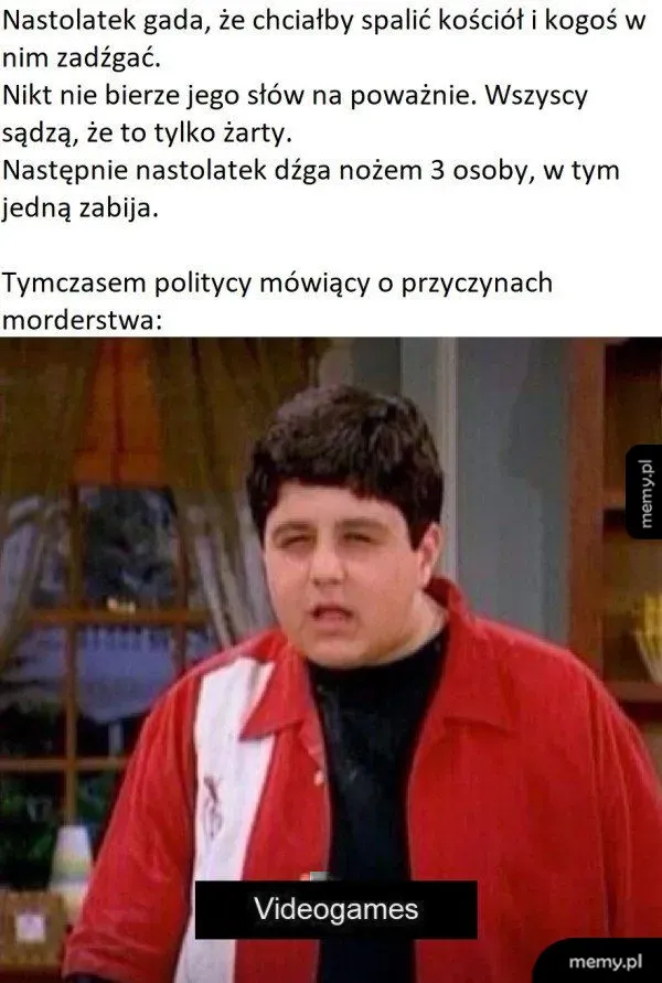 Mężczyzna w czerwonej kurtce z podpisem Videogames