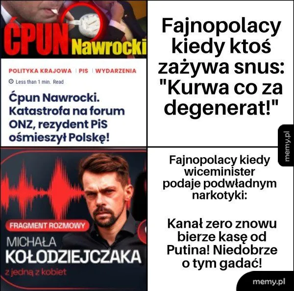 Mem polityczny o podwójnych standardach zwolenników PO i aferach w mediach.