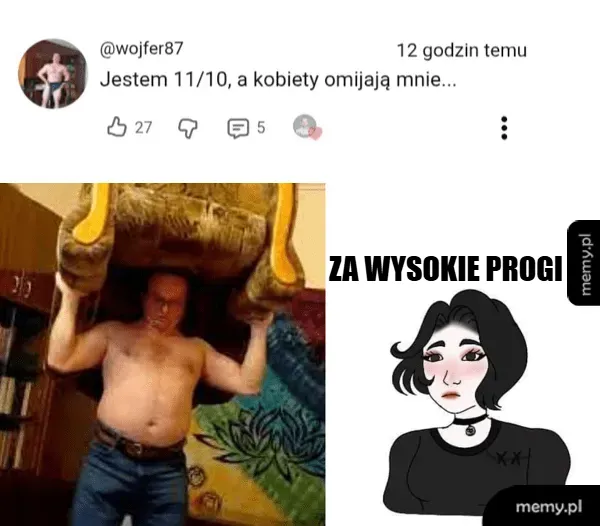 Mężczyzna podnoszący fotel i rysunek kobiety z napisem Za wysokie progi.