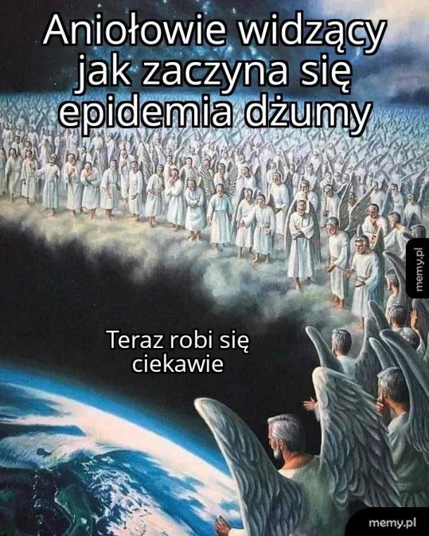Tłum aniołów patrzący z góry na Ziemię z kosmosu