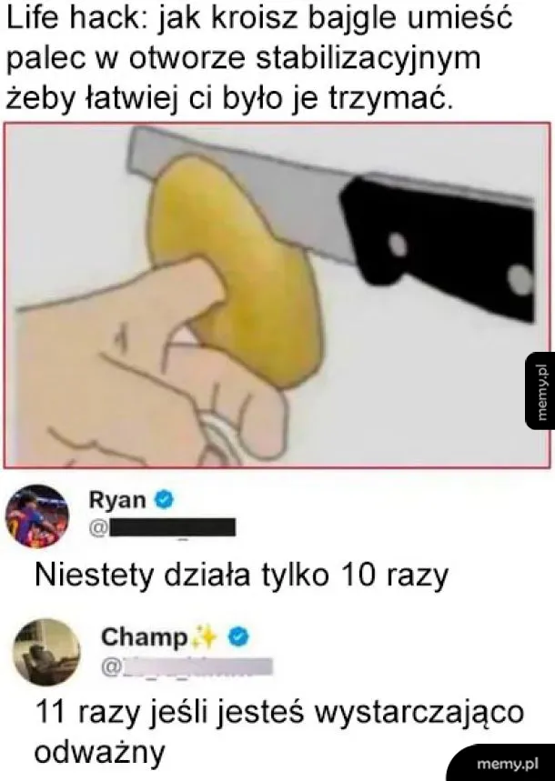 Rysunek przedstawiający niebezpieczny life hack z krojeniem bajgla na palcu.