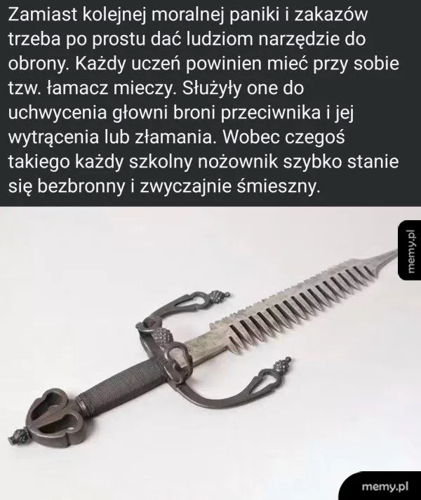 Zdjęcie historycznego sztyletu z ząbkowanym ostrzem służącego jako łamacz mieczy.