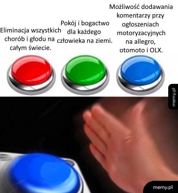 Mem z trzema przyciskami i ręką uderzającą w niebieski przycisk.