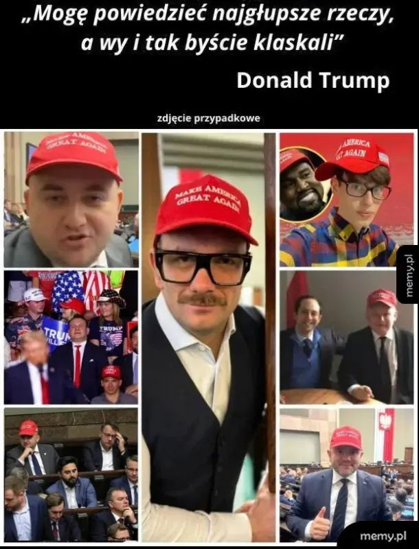 Polscy politycy w czerwonych czapkach z napisem Make America Great Again