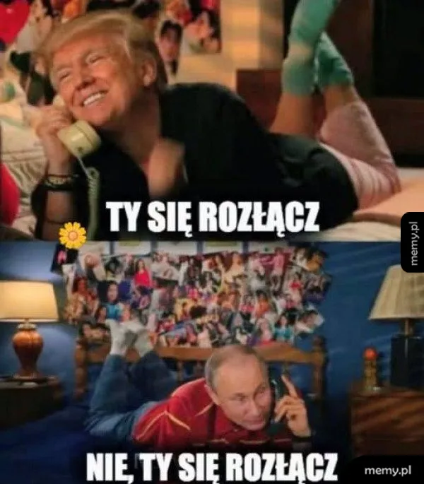 Donald Trump i Władimir Putin leżą na łóżkach i rozmawiają przez telefon jak nastolatki.