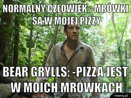 normalny człowiek: -Mrówki są w mojej pizzy Bear Grylls: -Pizza jest w moich mrówkach