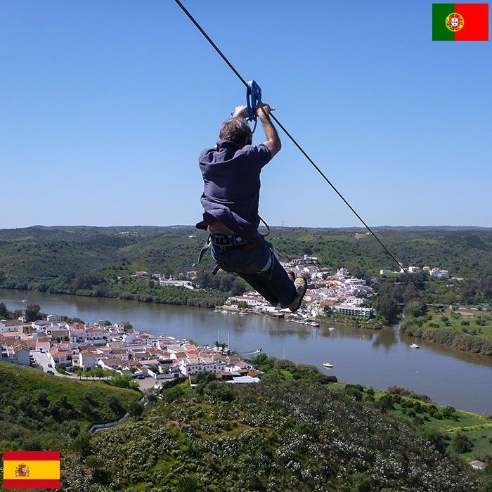 Zjazd linowy łączący Hiszpanię z Portugalią.
