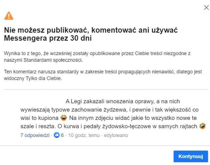 Ban na 30 dni na Facebooku za 60 z żydzewa