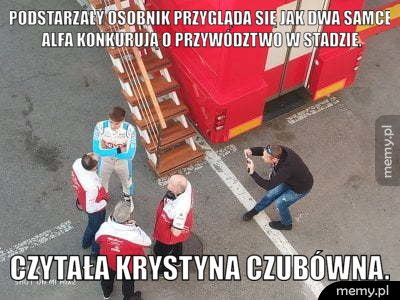 Podstarzały osobnik przygląda się jak dwa samce alfa konkurują o Czytała Krystyna czubówna.