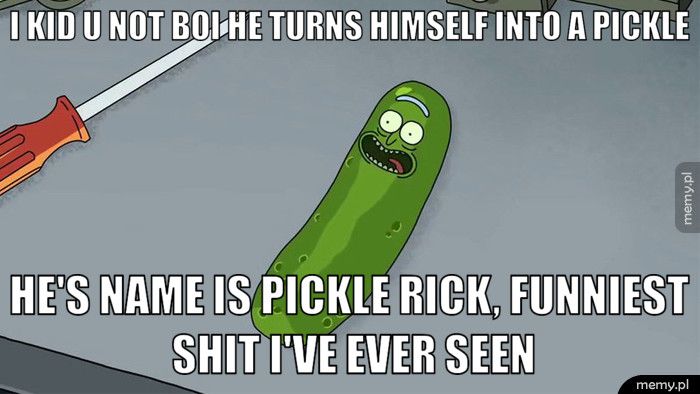 I kid u not boi he turns himself into a pickle He's name is Pickle Rick, funniest shit i've ever seen