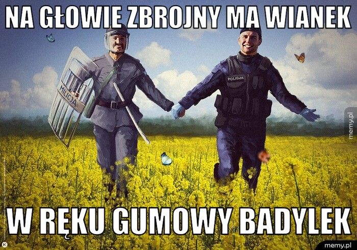na głowie zbrojny ma wianek w ręku gumowy badylek