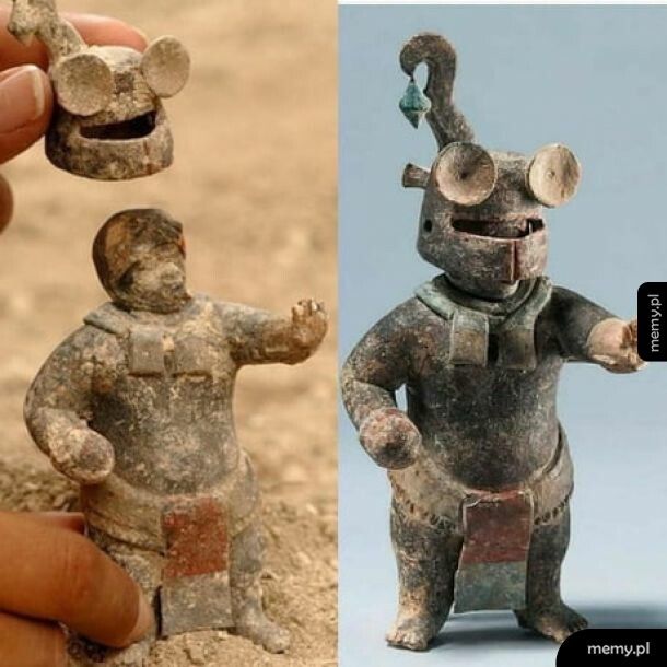 Aztecka figurka z ruchomym hełmem, mająca 1500 lat.