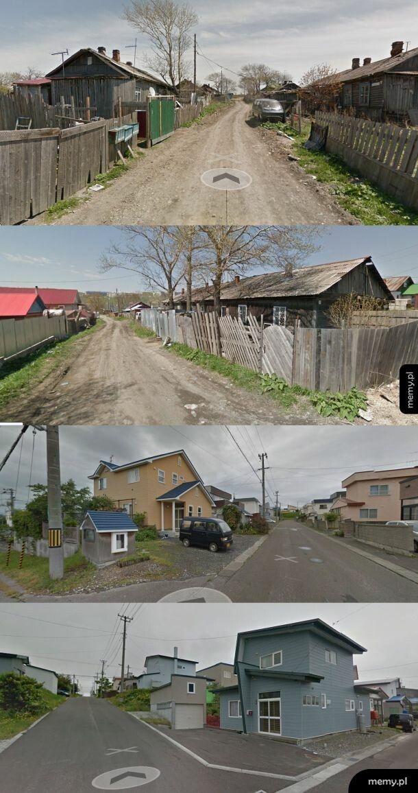 Typowa ulica domków jednorodzinnych w najbliższych sobie miastach Rosji i Japonii o tej samej liczbie mieszkańców