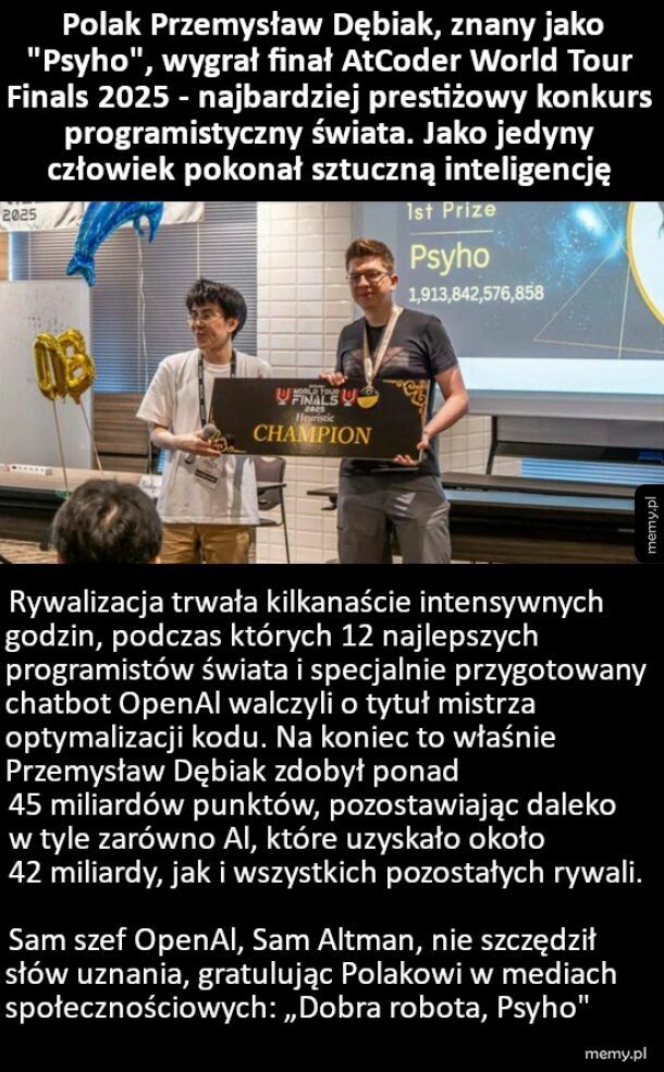 Polak Przemysław Dębiak, znany jako "Psyho", wygrał finał AtCoder World Tour Finals 202