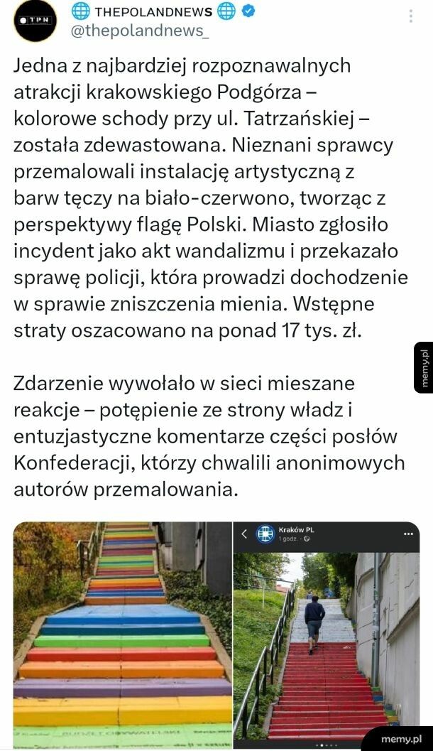 Ktoś przemalował schody na biało-czerwony kolor