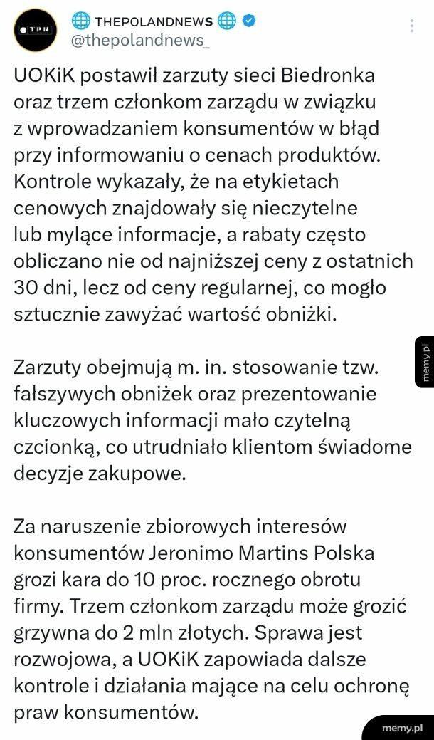 UOKiK postawił zarzuty sieci Biedronka