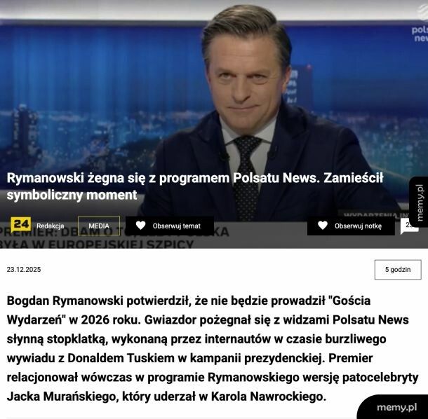 Rymanowski żegna się z programem Polsatu