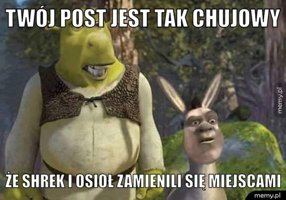 twój post jest tak chujowy że shrek i osioł zamienili się miejscami
